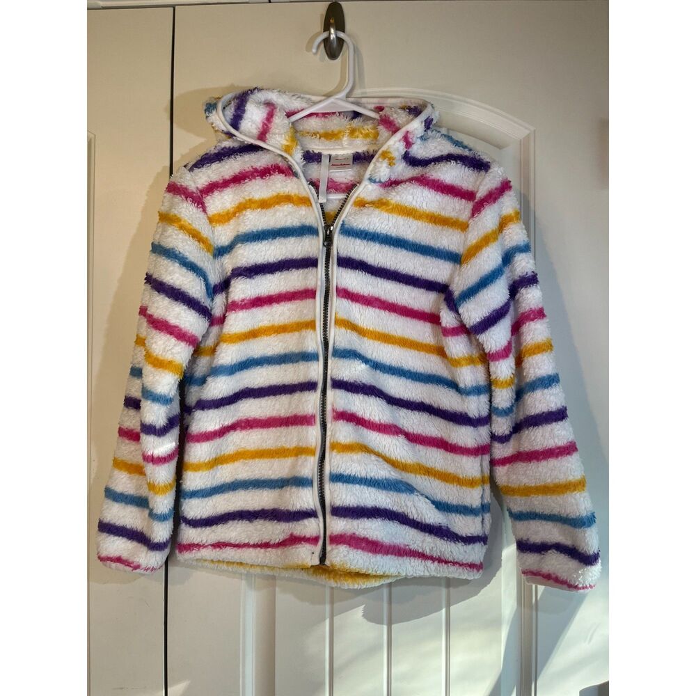 Hanna Andersson Girls Size 10 Rainbow Stripe Fuzzy Fleece Hooded Jacket